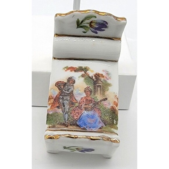 Limoges France Miniature Bed Dollhouse Furniture Victorian Couple Gold Trim - Picture 2 of 12